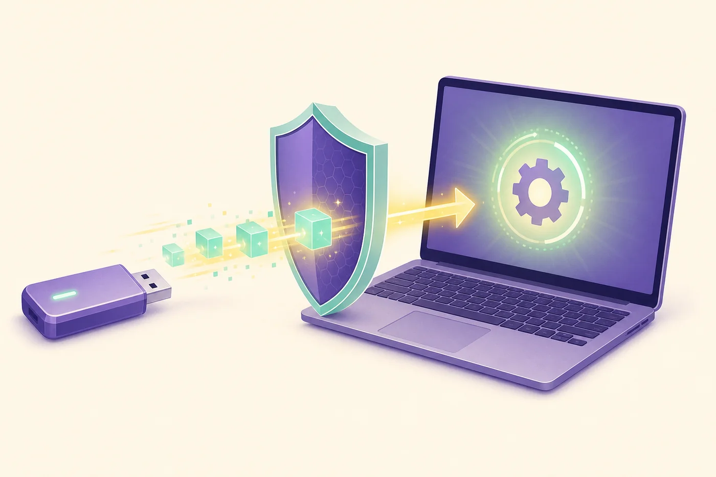Editorial diagram of protected update data moving from a USB system to a laptop