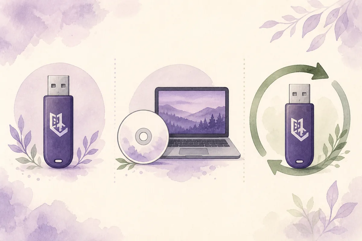 Editorial comparison of a Tails USB installation, an ISO on a laptop, and an existing USB update