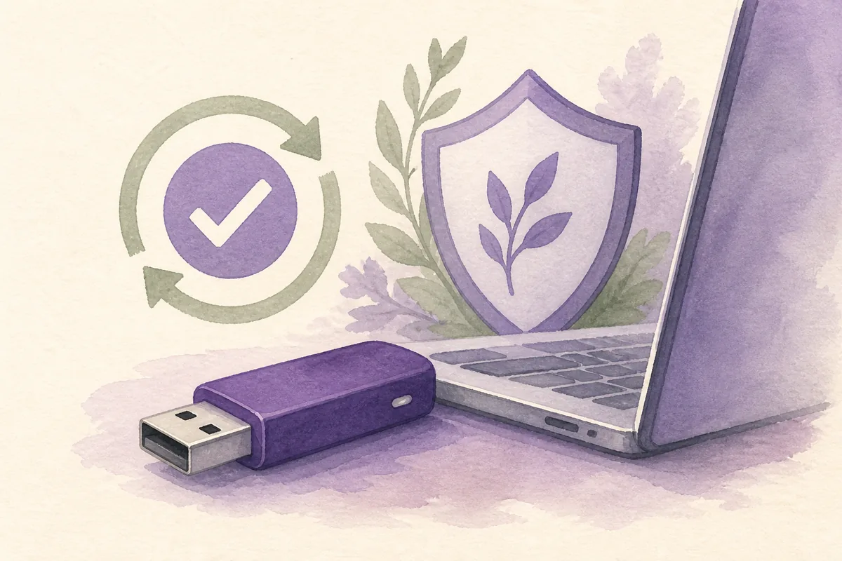Editorial illustration of a verified Tails USB drive beside a laptop and privacy shield