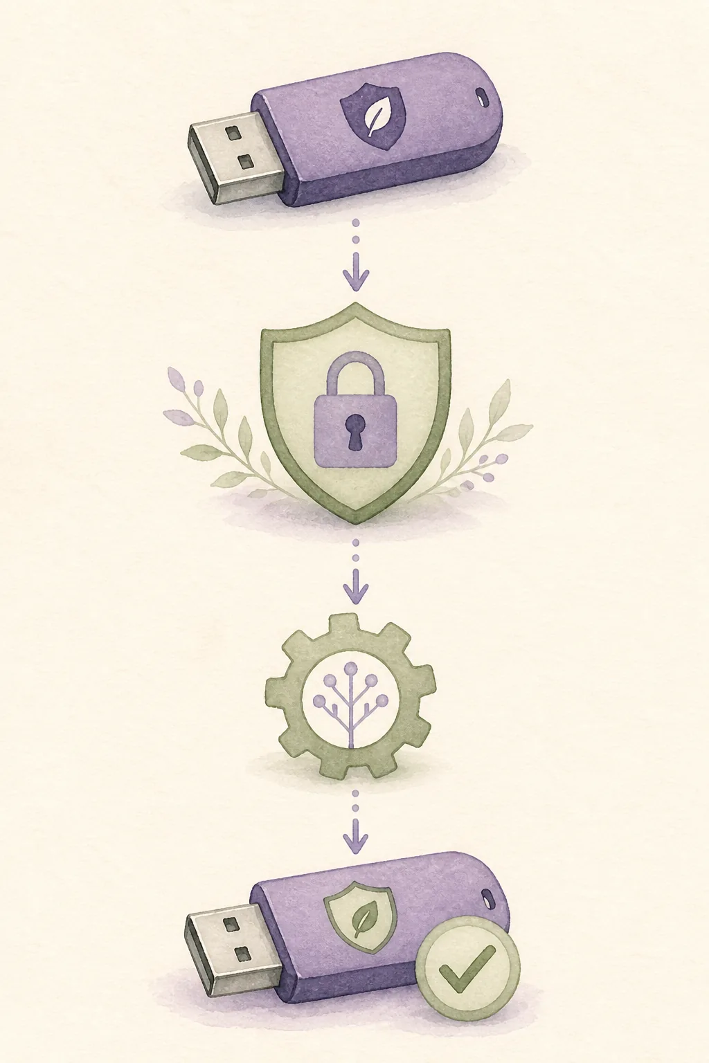 Editorial flow showing a Tails USB passing through security checks before an update