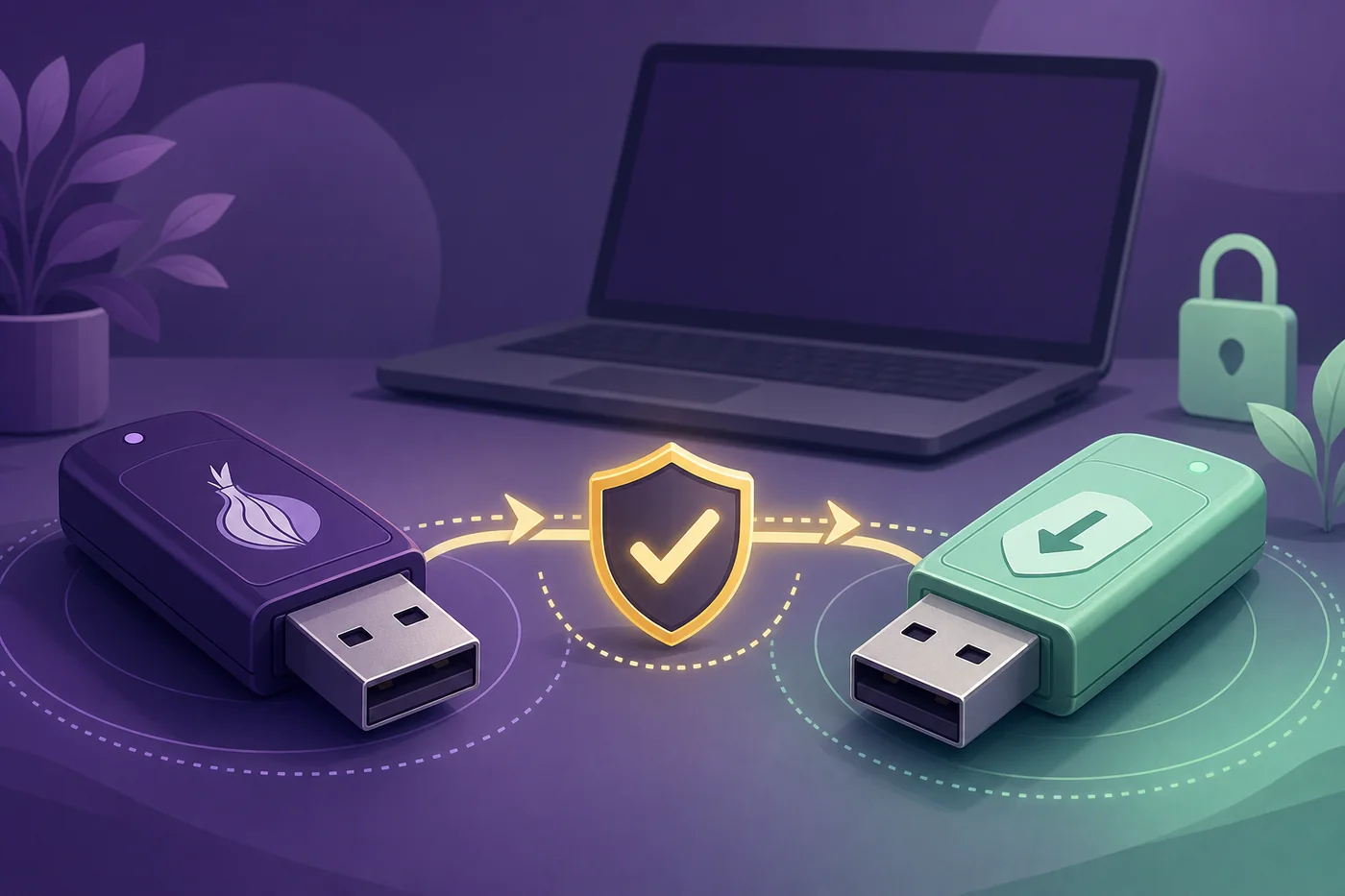 Editorial illustration of a verified transfer between two USB drives