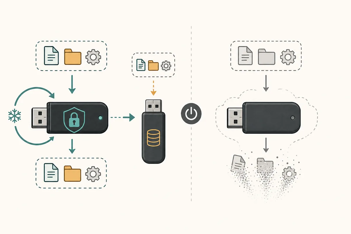 Editorial comparison showing protected persistent data on one USB and a separate backup device