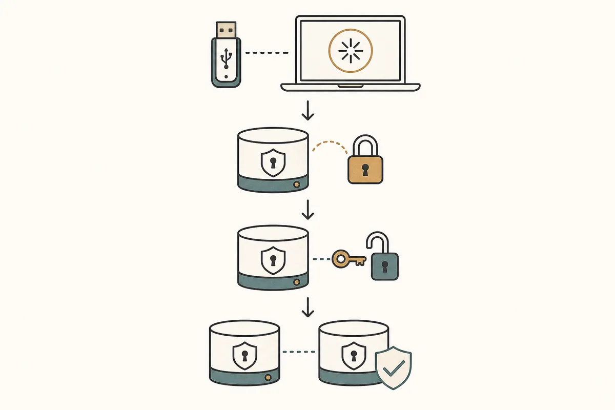 Editorial four-stage diagram showing a Tails USB boot, encrypted storage creation, unlocking, and backup check