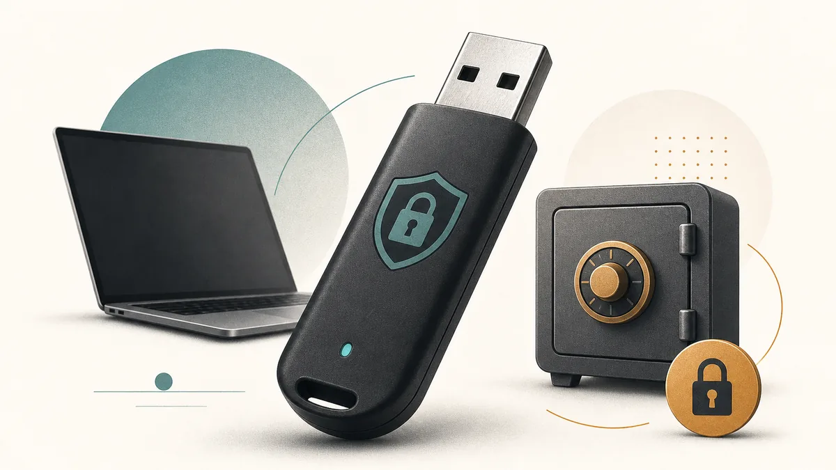 Editorial illustration of a Tails USB beside an encrypted storage vault and laptop