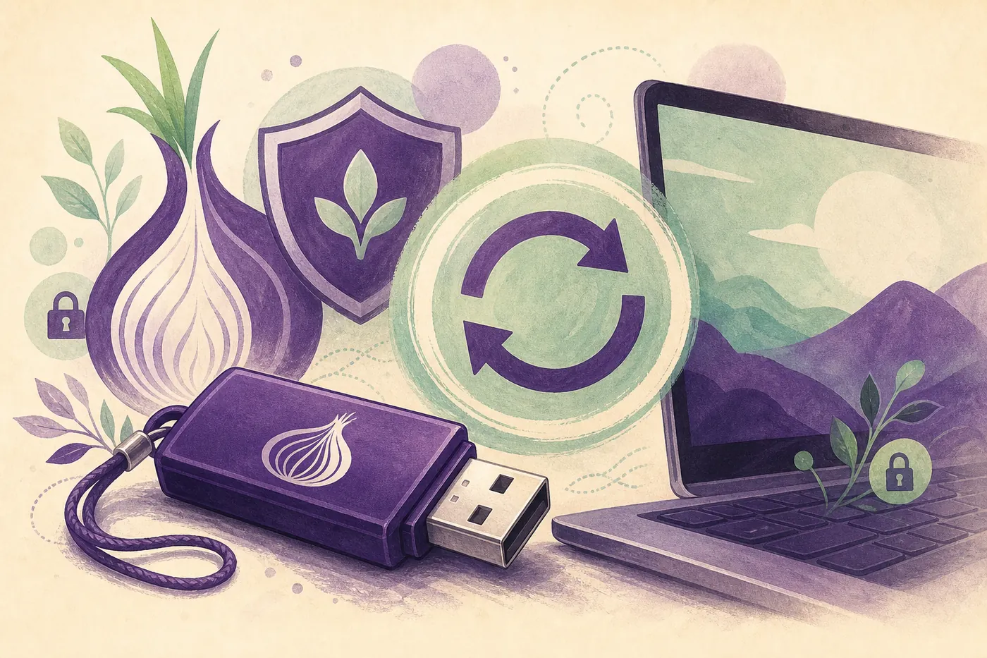Editorial illustration of a privacy-focused USB system receiving a protected update
