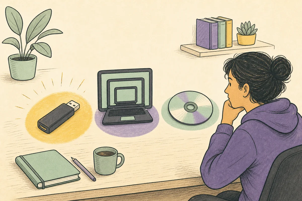 Person comparing USB, virtual machine, and DVD options