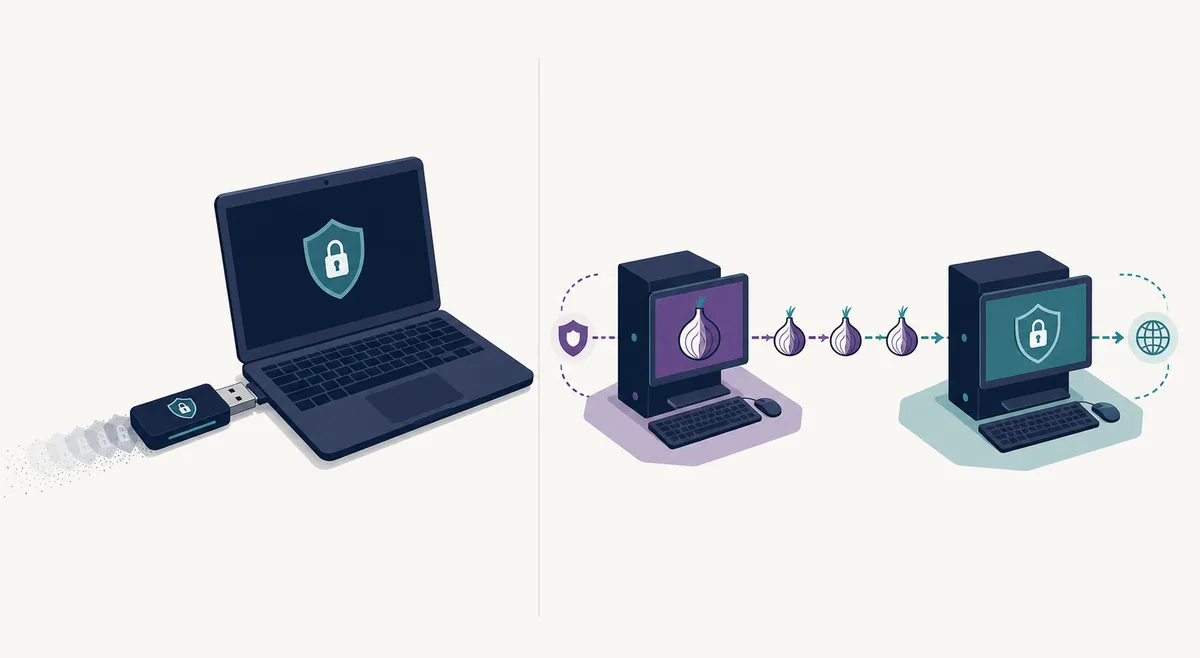 Editorial comparison of a Tails USB laptop and a separated Whonix Gateway and Workstation